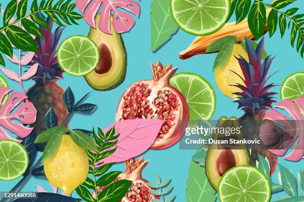 tropical fruit and leaves background - colorful vegetables summer stock illustrations
