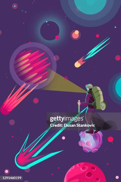 explorer in outer space. comets and asteroids in the background - asteroid space stock illustrations