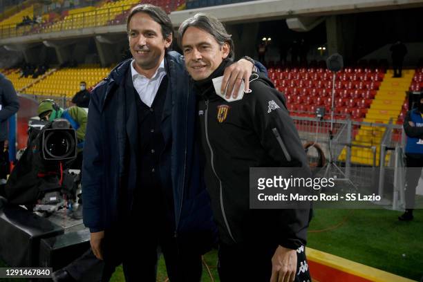 Lazio head coach Simone Inzaghi and Benevento Calcio head coach Filippo Inzaghi during the Serie A match between Benevento Calcio and SS Lazio at...