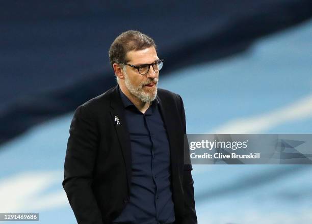 Slaven Bilic, Manager of West Bromwich Albion looks on during the Premier League match between Manchester City and West Bromwich Albion at Etihad...