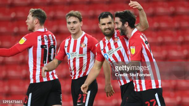 Sunderland player Bailey Wright celebrates the first Sunderland goal with Will Grigg during the Sky Bet League One match between Sunderland and AFC...