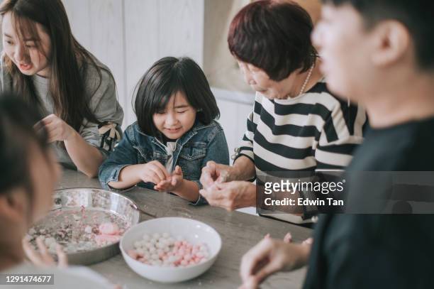 la familia china prepara comida china tang yuan bola de arroz glutinoso para la cena de reunión de año nuevo chino - winter solstice fotografías e imágenes de stock