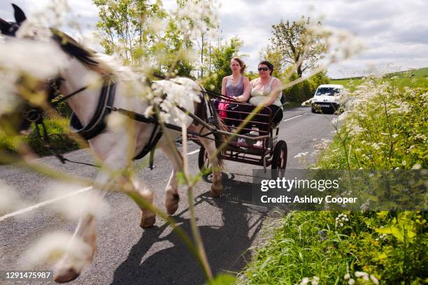 gypsey's travelling towards the appleby horse fair, near kirkby lonsdale, cumbria, uk. - gypsy caravan stock pictures, royalty-free photos & images