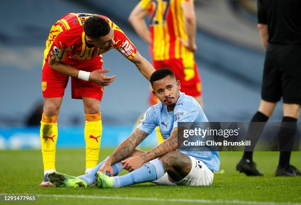 Kieran Gibbs of West Bromwich Albion talks with Gabriel Jesus of Manchester City after a coming together during the Premier League match between...