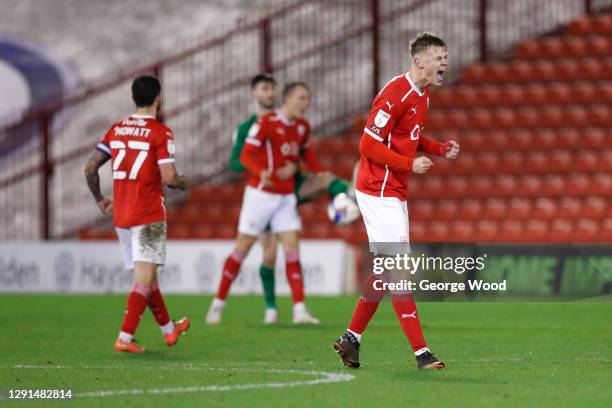 Mads Andersen of Barnsley celebrates victory following the Sky Bet Championship match between Barnsley and Preston North End at Oakwell Stadium on...