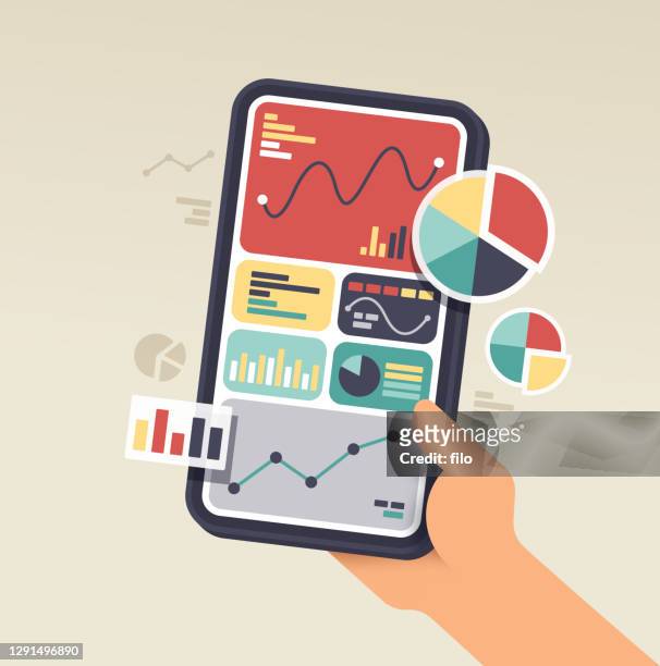 ilustraciones, imágenes clip art, dibujos animados e iconos de stock de teléfono de estadísticas de datos de dispositivos móviles - analizzare