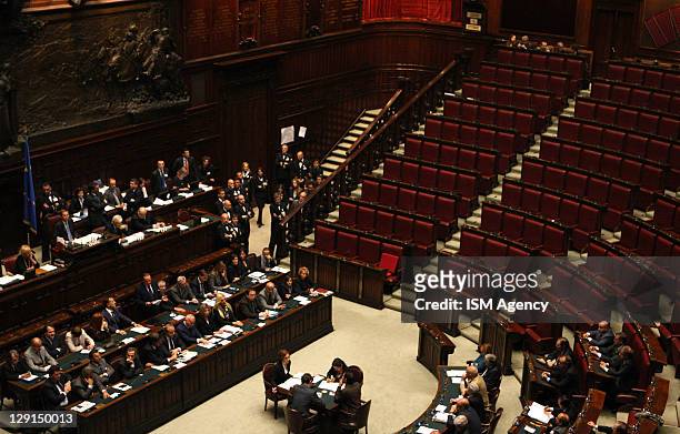 Italian Prime Minister Silvio Berlusconi attends session of Italian Chamber of Deputies, at Palazzo Montecitorio on October 13, 2011 in Rome, Italy....