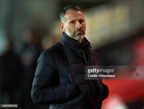 Manager of the Wales national team and a co-owner of Salford City, Ryan Giggs, during the Sky Bet League Two match between Salford City and Newport...