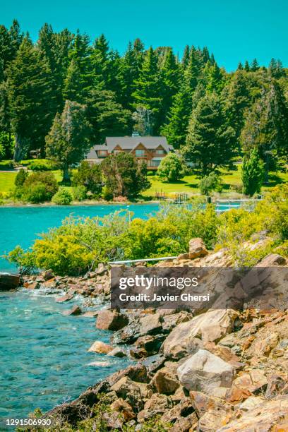 vista del lago nahuel huapi y los bosques desde puerto pañuelo. bariloche, río negro, patagonia, argentina. - pañuelo stock pictures, royalty-free photos & images