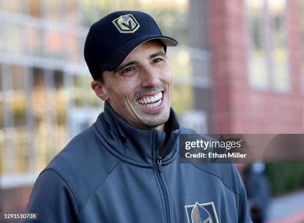 Goaltender Marc-Andre Fleury of the Vegas Golden Knights laughs while speaking to members of the media after he helped load 40 Vegas Golden...