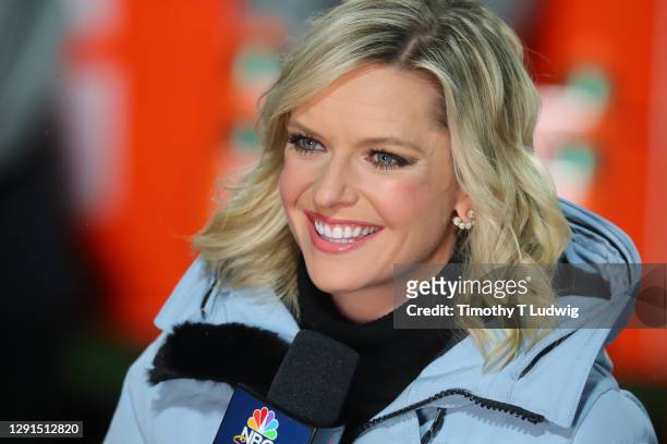 Sports reporter Kathryn Tappen reports from the stands before a game between the Buffalo Bills and the Pittsburgh Steelers at Bills Stadium on...