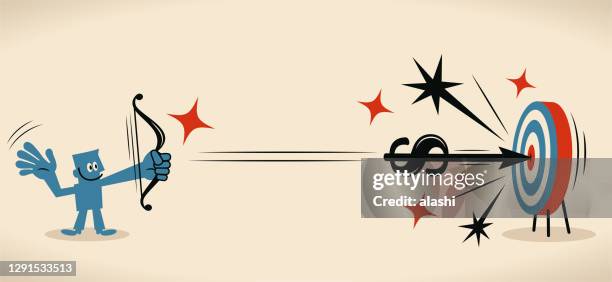 smiling man (archer) shooting a us dollar sign arrow at bull's-eye of the target (goal, dartboard) - bow arrow stock illustrations