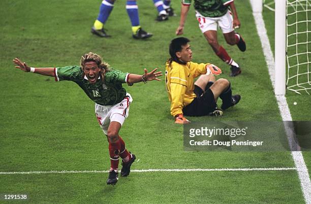 Luis Hernandez of Mexico celebrates after scoring in the World Cup group E game against South Korea at the Stade Gerland in Lyon, France. Hernandez...