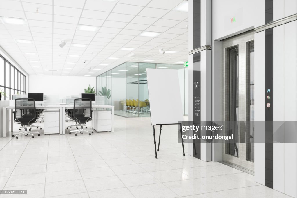 Open Plan Office Interior With Board Room, Elevator And Blank Banner Stand.