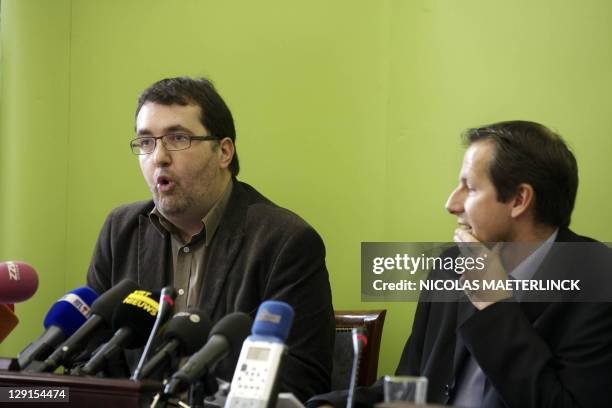 Belgian Green Party chairman Wouter Van Besien and Ecolo Party chairman Jean-Michel Javaux speak during a press conference at the federal parliament,...