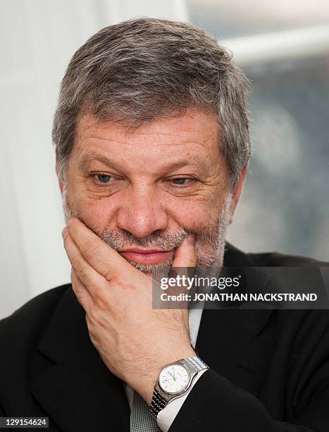 Roberto Kreimerman, Uruguayan Minister of Industry, Energy and Mining gestures during a press conference at the Uruguayan embassy in Stockholm on...