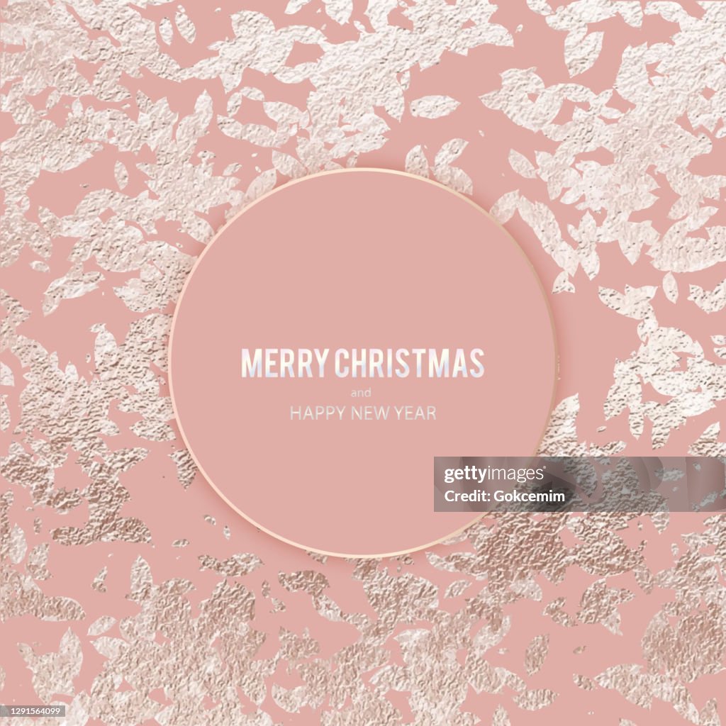 Christmas Greeting Card with Hand Drawn Rose Gold Glitter Abstract Floral Background. Gold foil grunge texture background. Abstract vector pattern. Metallic golden texture for cards, party invitation, packaging, surface design.