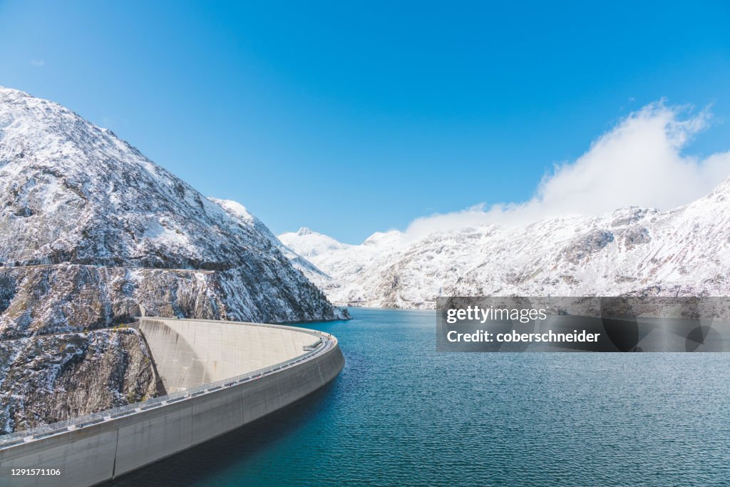 Aerial view of alpine dam and reservoir lake Kolnbreinsperre, Malta valley, Carinthia, Austria