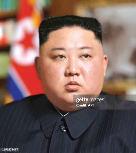 Portrait de Kim Jong Un lors de la Fête du Soleil, le 15 avril 2019 en Corée du Nord.