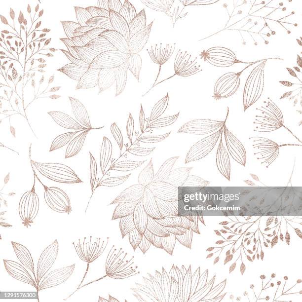 stockillustraties, clipart, cartoons en iconen met rose gold gekleurde bloemen naadloos patroon met hand getekende bladeren, bloosoms en takken. kerst en nieuwjaar wenskaart achtergrond sjabloon, kerstcadeau inpakpapier. - floral pattern