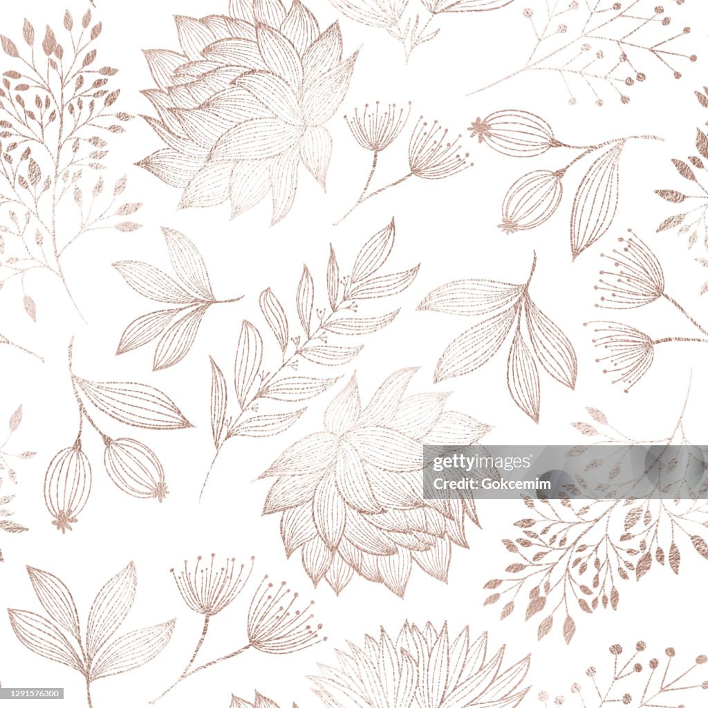 Rose Gold Colored Floral Seamless Pattern with Hand Drawn Leaves, Bloosoms and Branches. Christmas and New Year Greeting Card Background Template, Christmas Present Wrapping Paper.