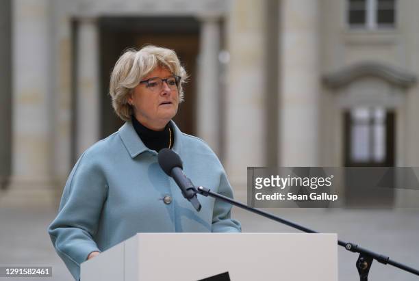 Federal Commissioner for Culture and Media Monika Gruetters speaks in the Schlueterhof courtyard at the digitally streamed, first-phase opening of...