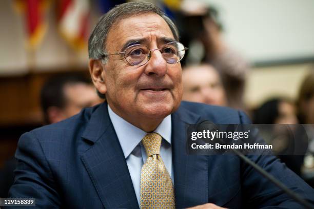 Secretary of Defense Leon Panetta testifies before the House Committee on Armed Services on Capitol Hill on October 13, 2011 in Washington, DC. The...