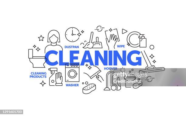cleaning related web banner line style. modern linear design vector illustration for web banner, website header etc. - using multiple devices at home stock illustrations