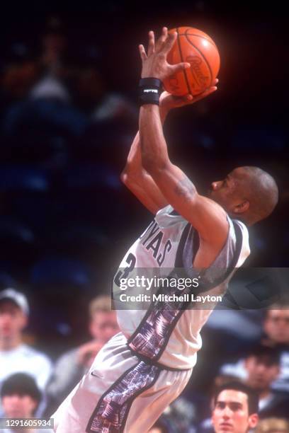 Allen Iverson of the Georgetown Hoyas during a college basketball game against the Miami Hurricanes on February 20, 1995 at USAir Arena in Landover,...