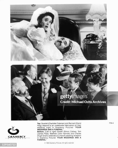 Charlotte Coleman And David Haig caught in bed together, BOTTOM: Simon Callow, James Fleet, John Hannah And Hugh Grant celebrate at a wedding...