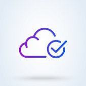 Clouds with check sign line icon or logo. Software update process completed concept. Approved Cloud Computing vector linear illustration.