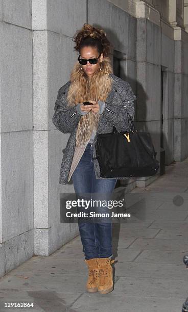 Rihanna is seen leaving her hotel on October 13, 2011 in London, England.