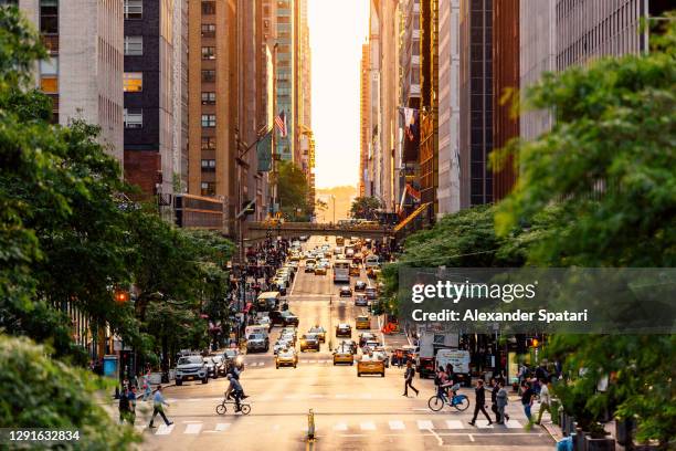 high angle view of 42nd street at sunset, new york city, usa - aerial view of mid town manhattan new york stock pictures, royalty-free photos & images