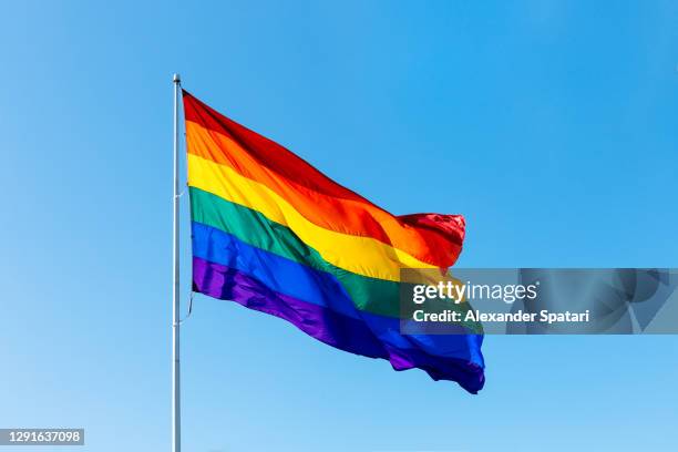 rainbow lgbtqi flag waving in the wind - drapeau arc en ciel photos et images de collection