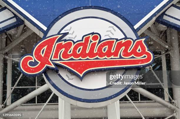 The Cleveland Indians logo seen at the team's Progressive Field stadium on December 16, 2020 in Cleveland, Ohio. The Cleveland baseball team...