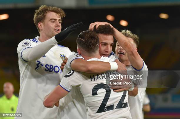 Rodrigo Moreno of Leeds United celebrates with teammates Jack Harrison, Patrick Bamford and Ezgjan Alioski after scoring their team's second goal...