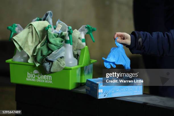 General view of cleaning spray and rubber gloves prior to the Sky Bet Championship match between Reading and Norwich City at Madejski Stadium on...