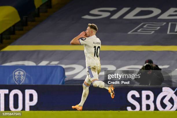 Ezgjan Alioski of Leeds United celebrates after scoring their team's fourth goal during the Premier League match between Leeds United and Newcastle...