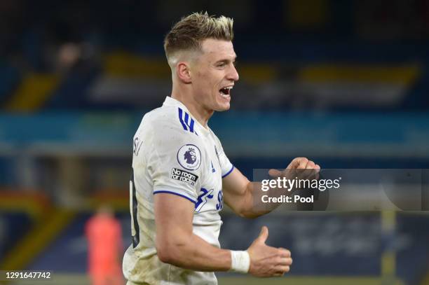 Ezgjan Alioski of Leeds United celebrates after scoring their team's fourth goal during the Premier League match between Leeds United and Newcastle...