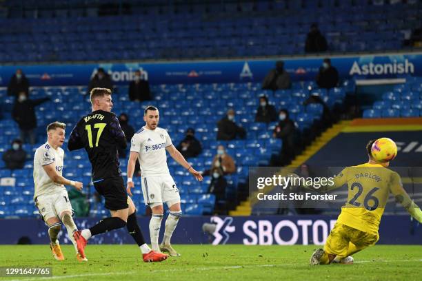 Ezgjan Alioski of Leeds United scores their team's fourth goal during the Premier League match between Leeds United and Newcastle United at Elland...