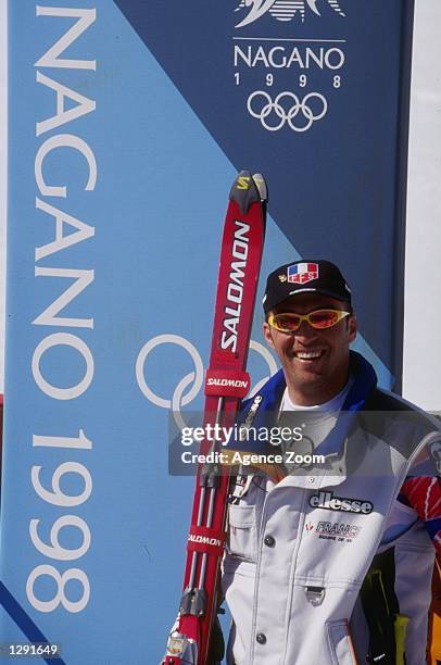 Jean-Luc Cretier of France poses after he won the gold medal in the mens downhill at Happo''One during the 1998 Winter Olympic Games in Nagano,...