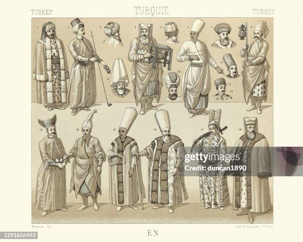 costumes of high ranking turkish ottoman dignitaries, history of fashion - turkish people stock illustrations