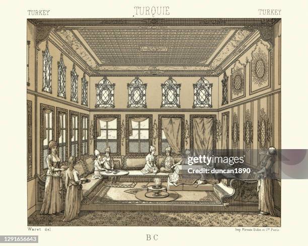 interior design in the ottoman empire, turkish lady's reception room - empire style furniture stock illustrations