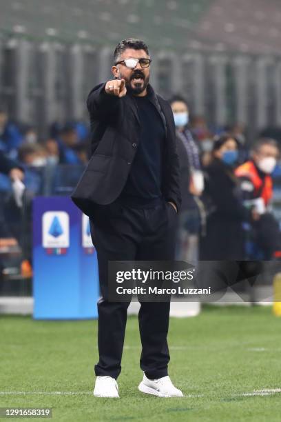 Gennaro Gattuso, Head Coach of S.S.C. Napoli gives their team instructions whilst wearing an eye patch on his glasses during the Serie A match...