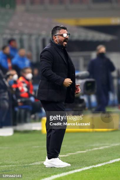 Gennaro Gattuso, Head Coach of S.S.C. Napoli reacts whilst wearing an eye patch on his glasses during the Serie A match between FC Internazionale and...