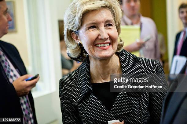 Sen. Kay Bailey Hutchison waits for the start of a news conference on Capitol Hill to introduce a Republican jobs proposal to compete with that put...