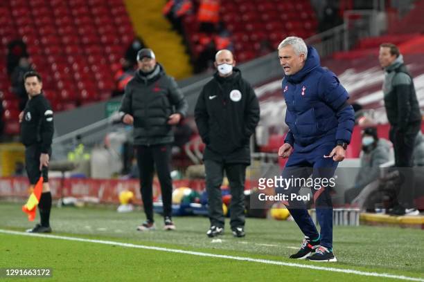 Jose Mourinho, Manager of Tottenham Hotspur reacts during the Premier League match between Liverpool and Tottenham Hotspur at Anfield on December 16,...