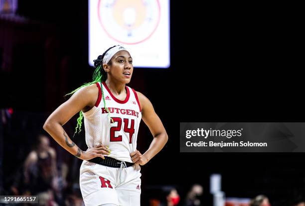 Arella Guirantes of the Rutgers Scarlet Knights during a regular season game at Rutgers Athletic Center on December 14, 2020 in Piscataway, New...
