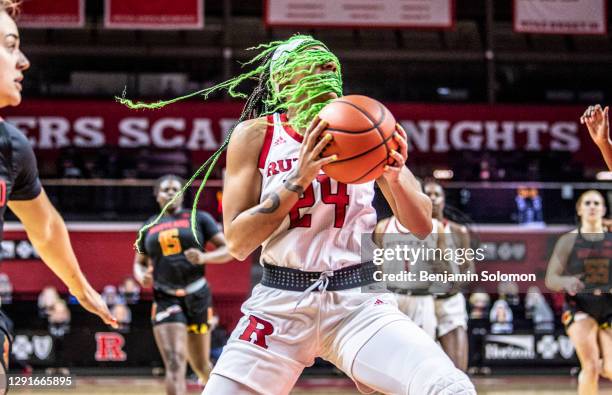 Arella Guirantes of the Rutgers Scarlet Knights during a regular season game at Rutgers Athletic Center on December 14, 2020 in Piscataway, New...