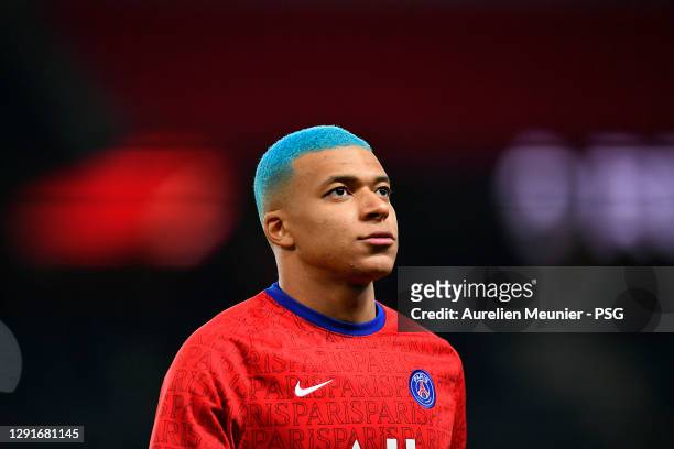 Kylian Mbappe of Paris Saint-Germain looks on during warmup before the Ligue 1 match between Paris Saint-Germain and FC Lorient at Parc des Princes...